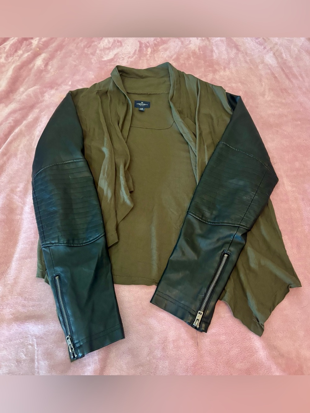 American Eagle Outfitters Olive Body with Black Faux-Leather Sleeve Jacket